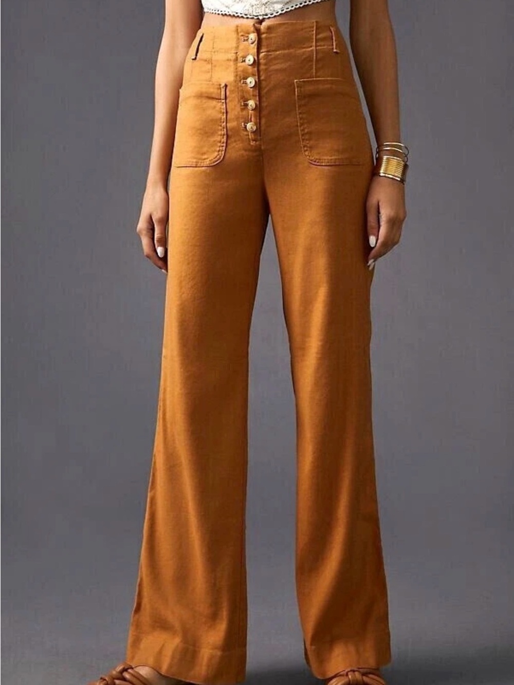Anthropologie Button-Front Bootcut Pants in Rust Brown